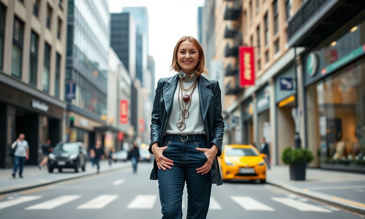 高身長の女性が街中で自信を持って歩く様子