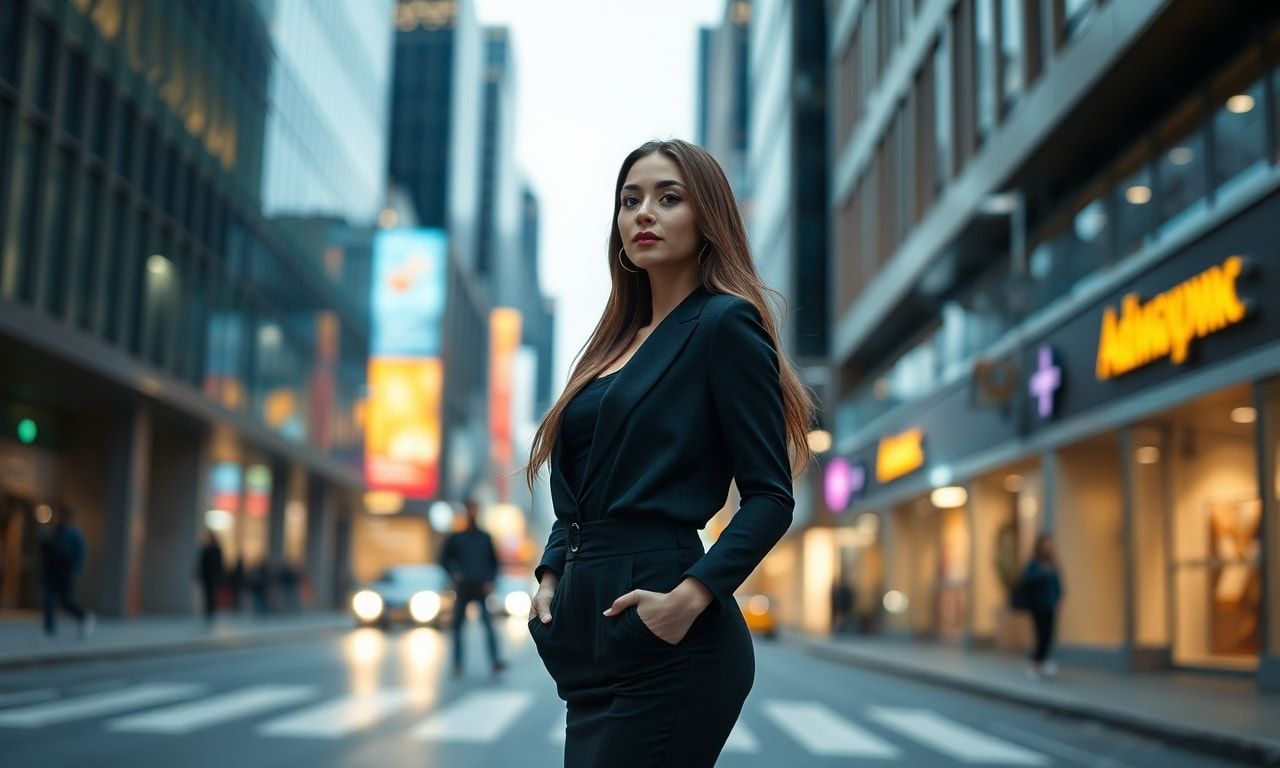 高身長の女性が街中に立っている様子