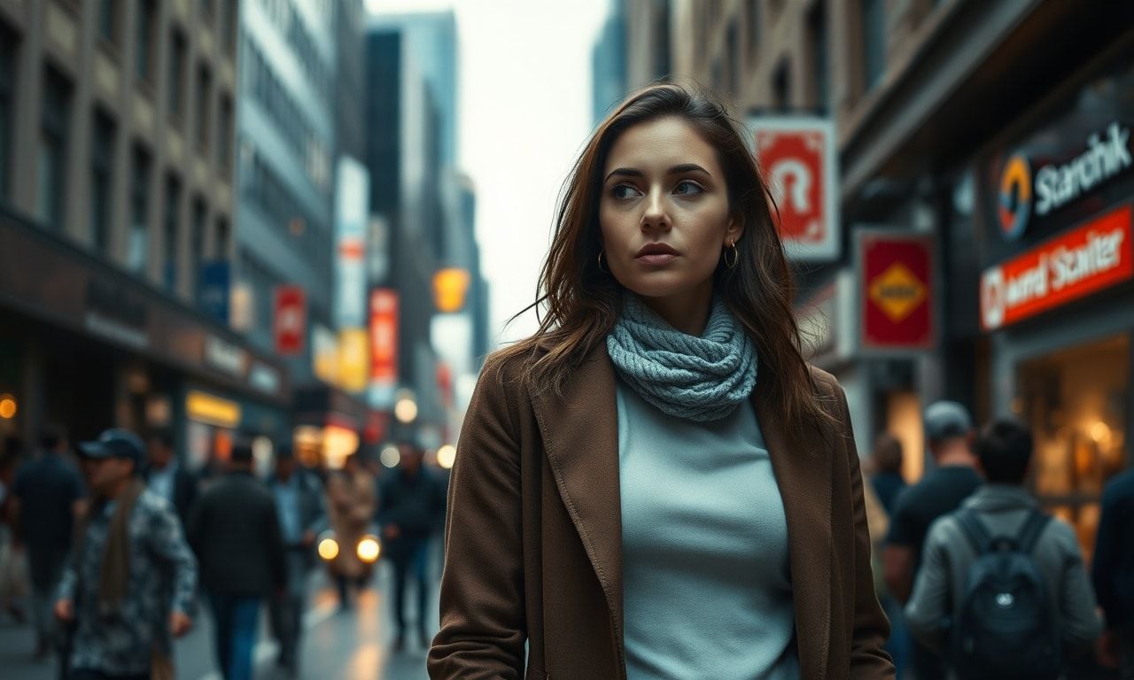 都会の街角で凛と立つ高身長の女性