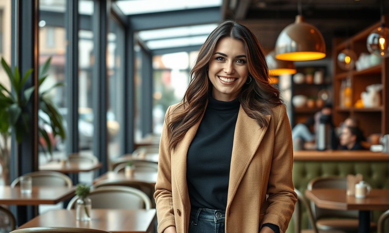高身長で魅力的な女性がカフェで微笑む様子