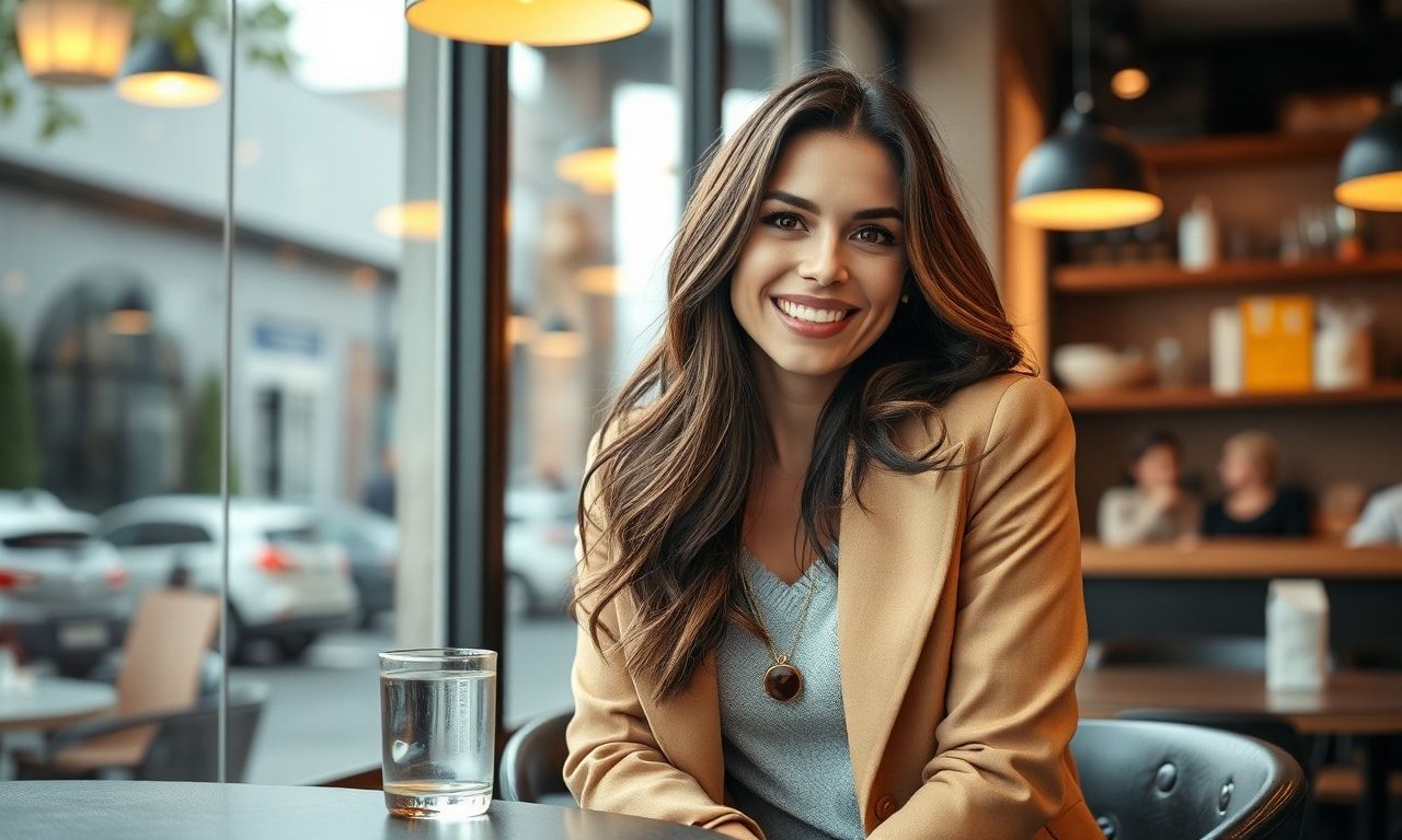 カフェでデートを楽しむ高身長で自信に満ちた女性