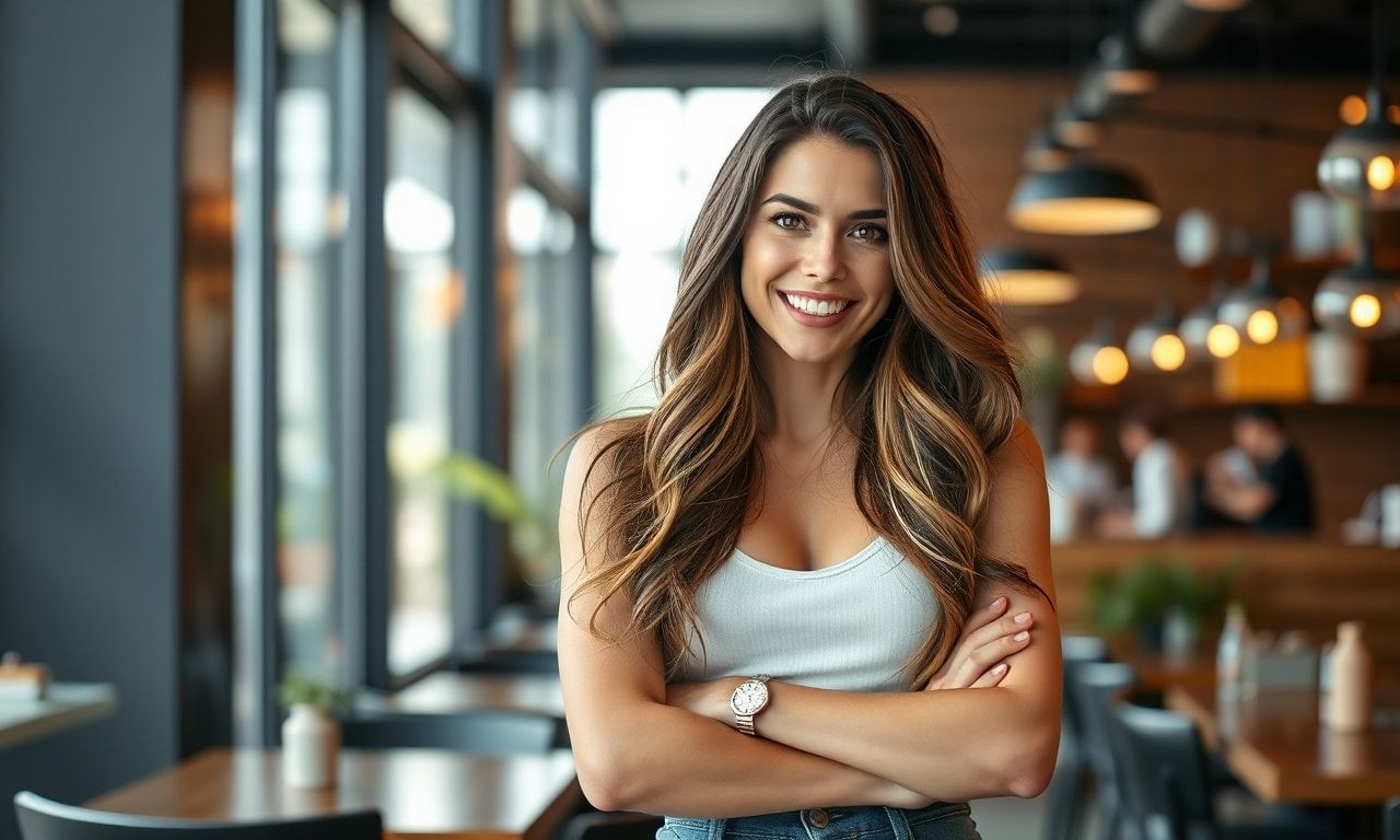 カフェで笑顔の自信に満ちた高身長の女性