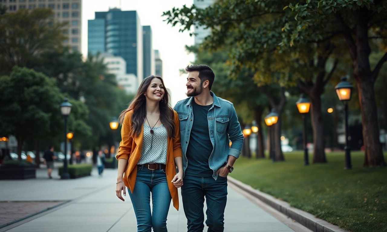 高身長カップルが街を歩くイメージ