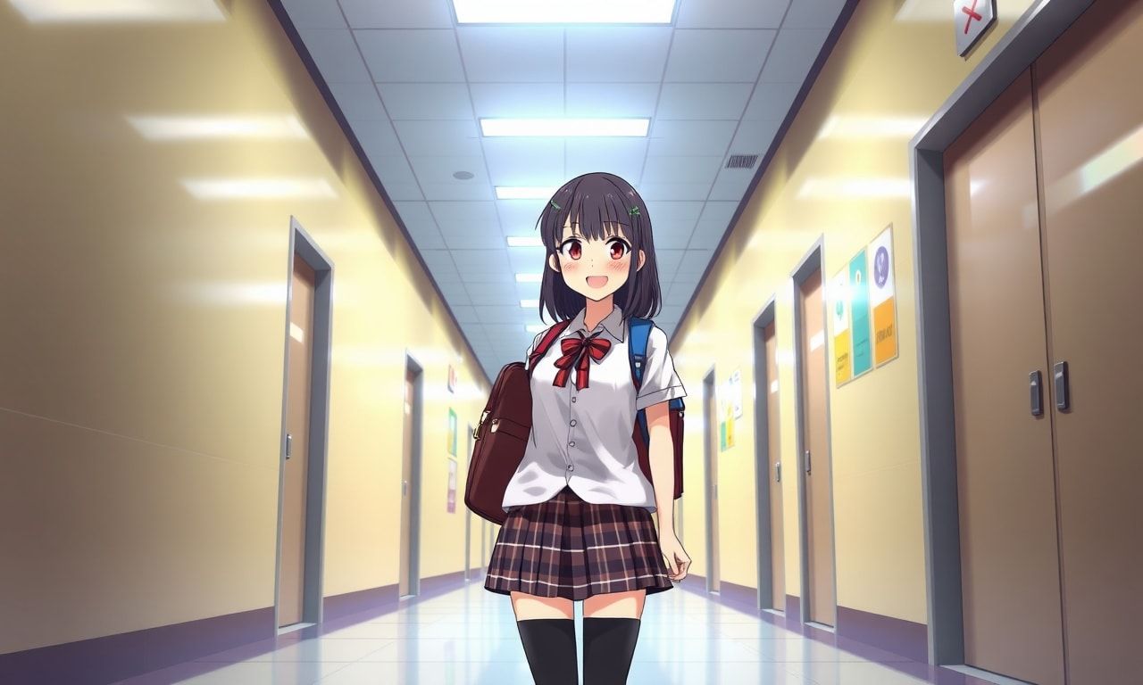 明るい校舎で笑顔の高身長女子高校生