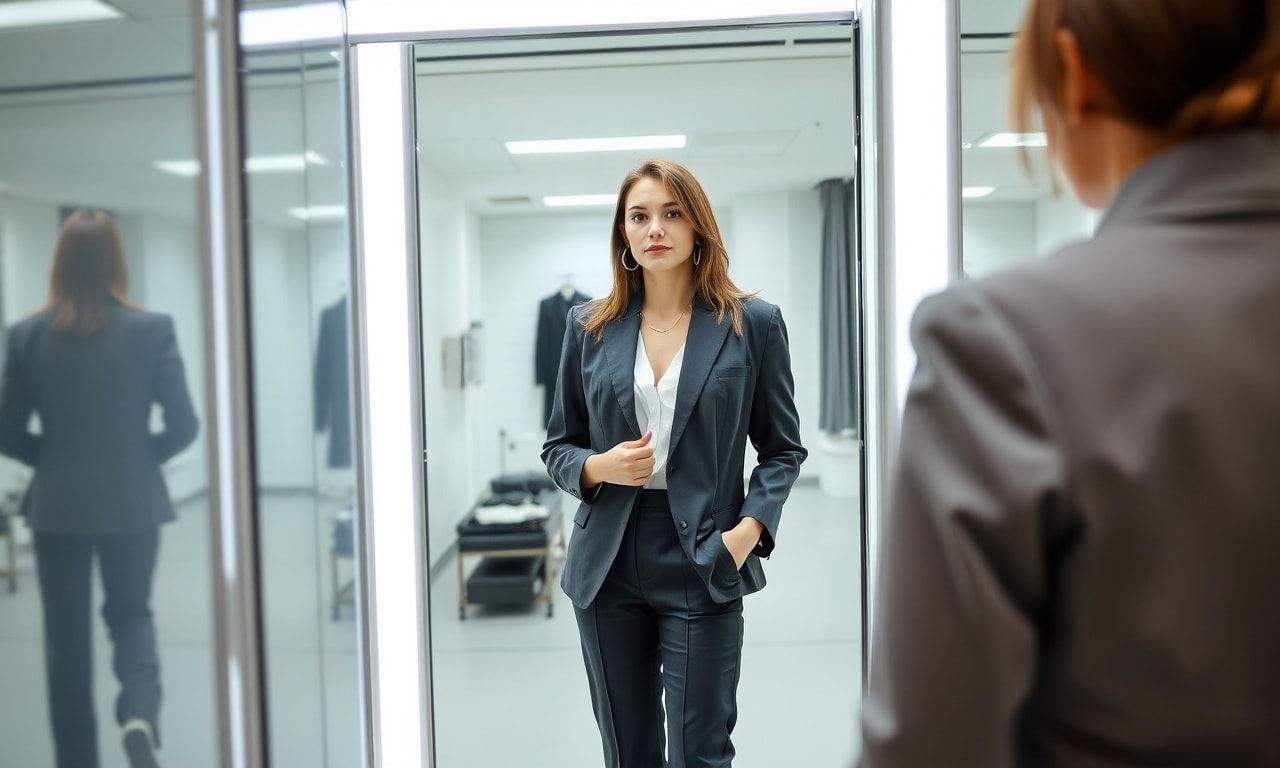 スーツを試着する高身長の女性