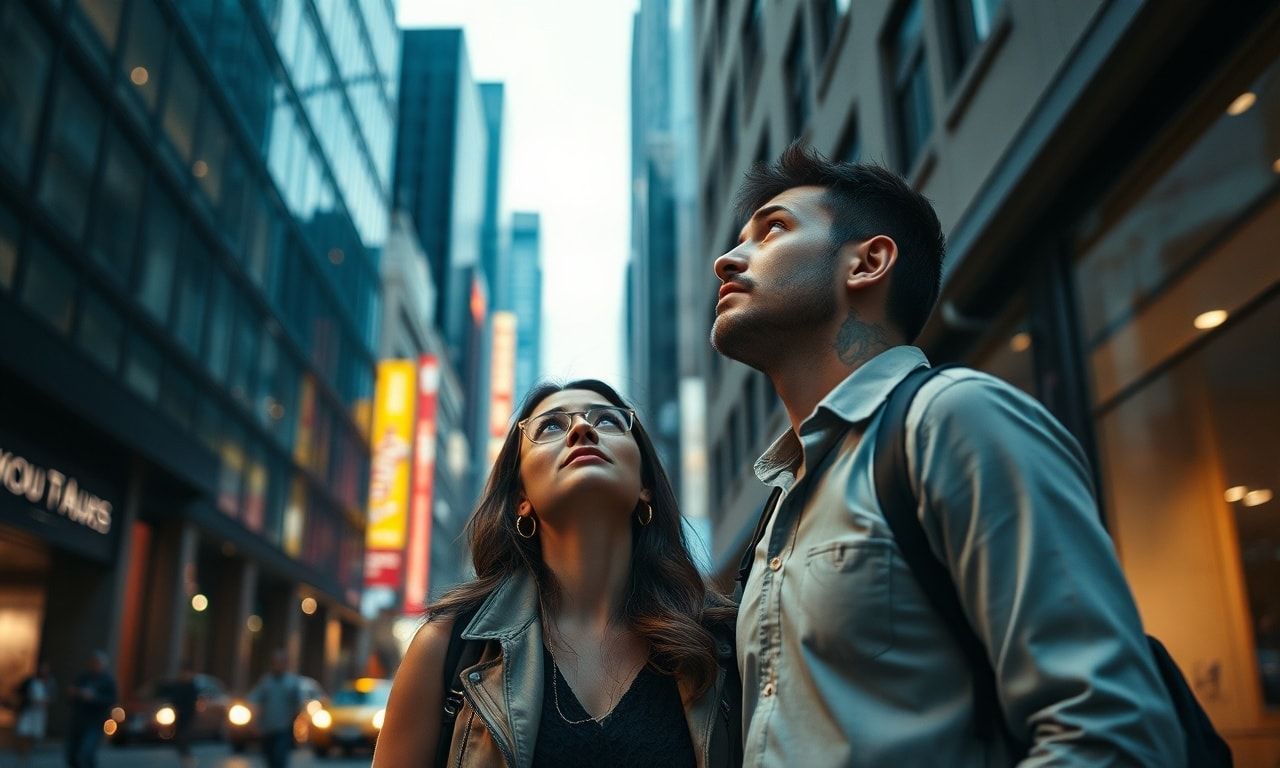 男性が高身長の女性を見上げているシーン