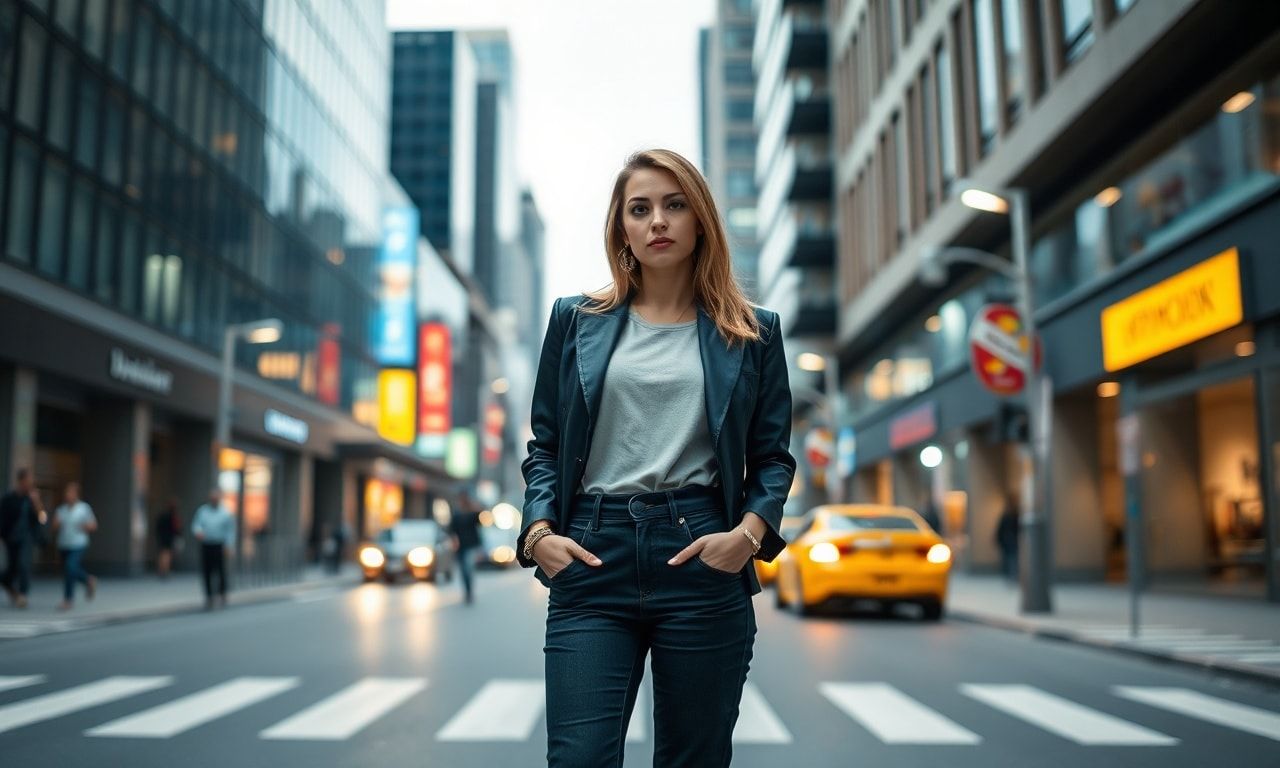 自信に満ちた高身長の女性が街を歩いている様子
