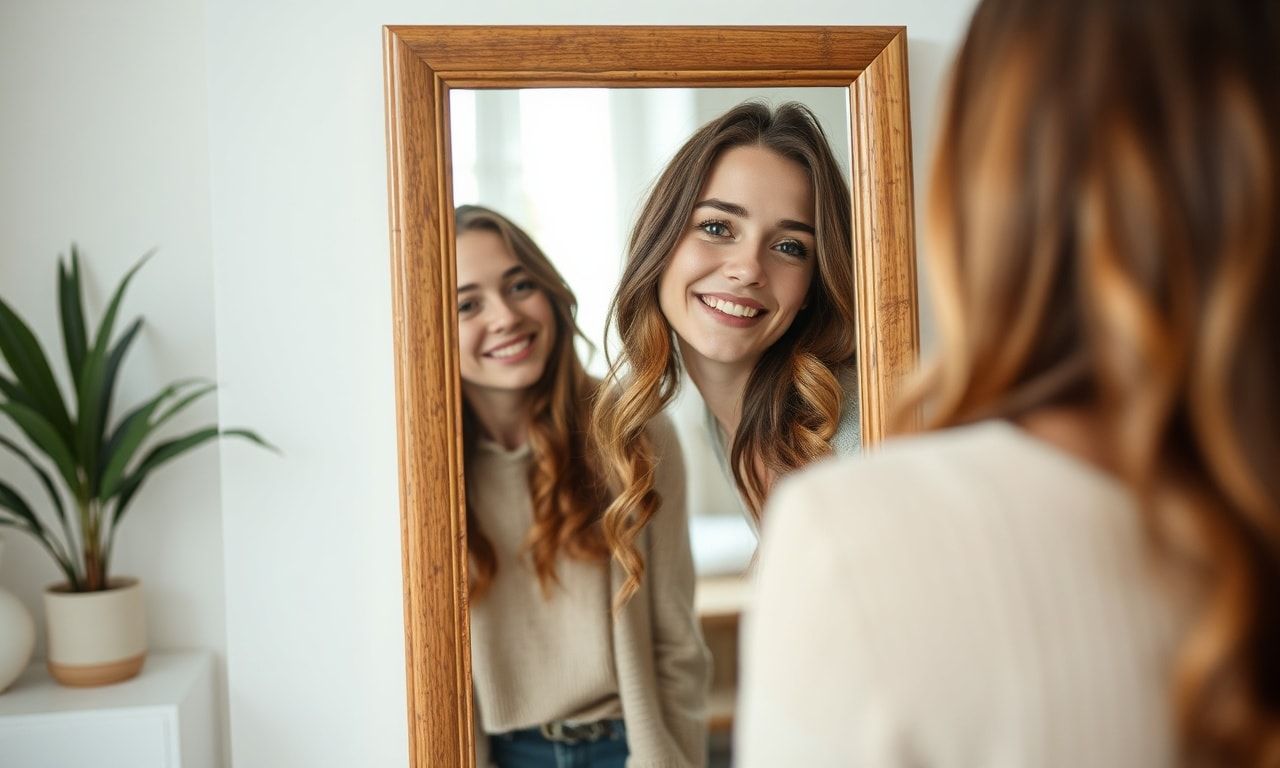 鏡を見て微笑む自信に満ちた女性