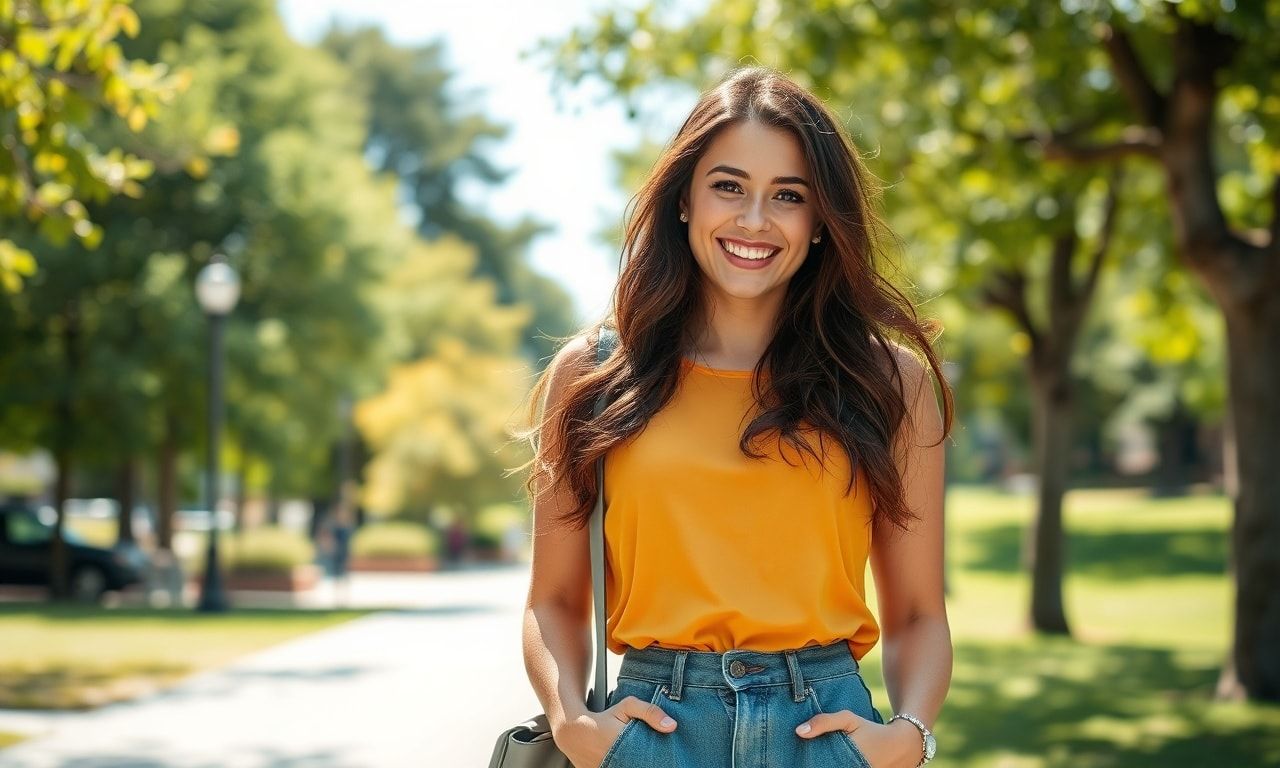公園で笑顔を見せる自信に満ちた女性