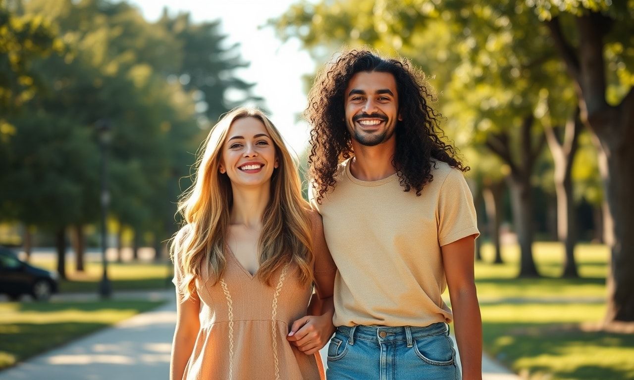 高身長女子がパートナーと並んで笑顔で歩く様子