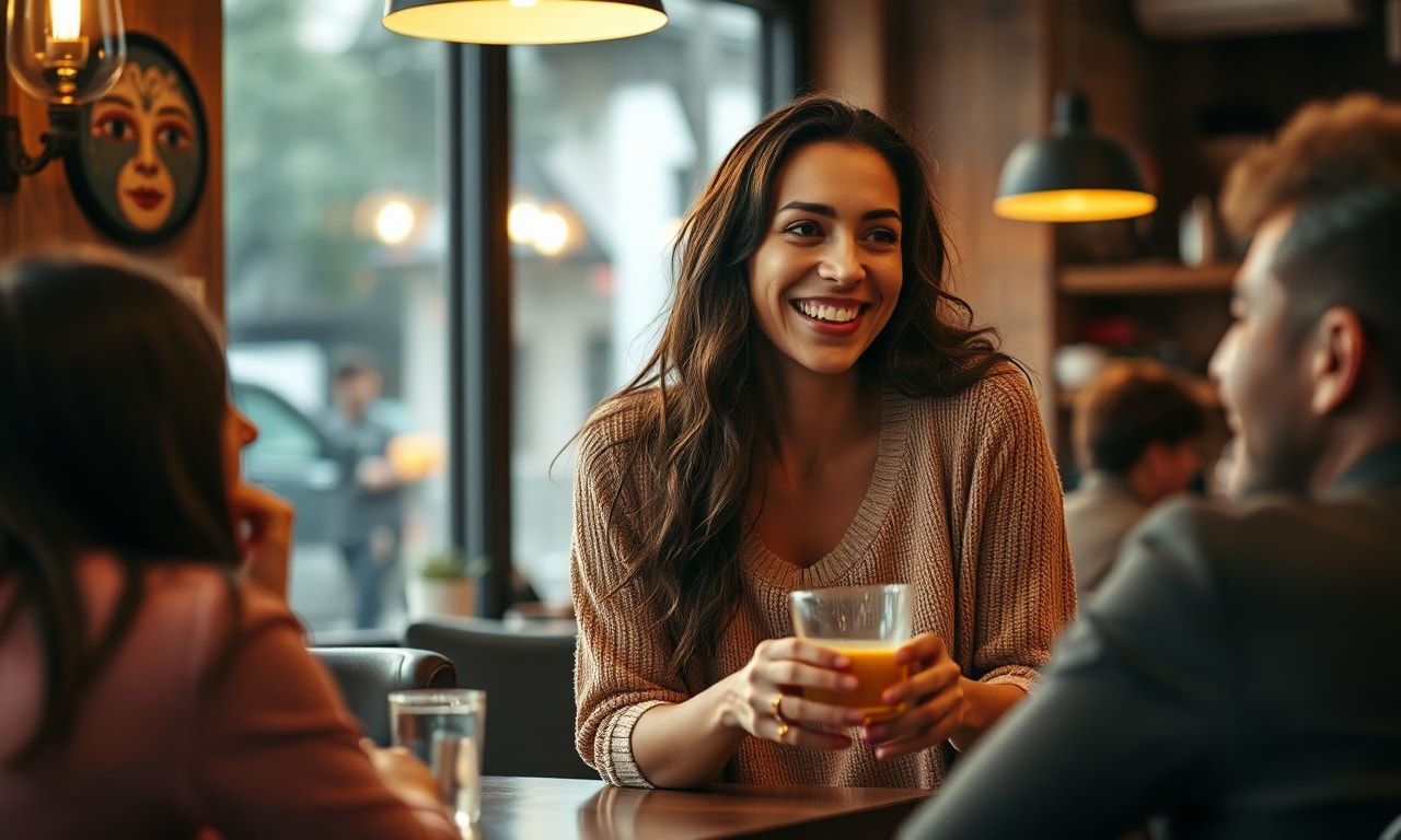 カフェで笑顔で話す高身長の女性