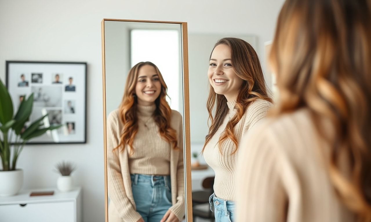 鏡を見て笑顔を浮かべる高身長の女性