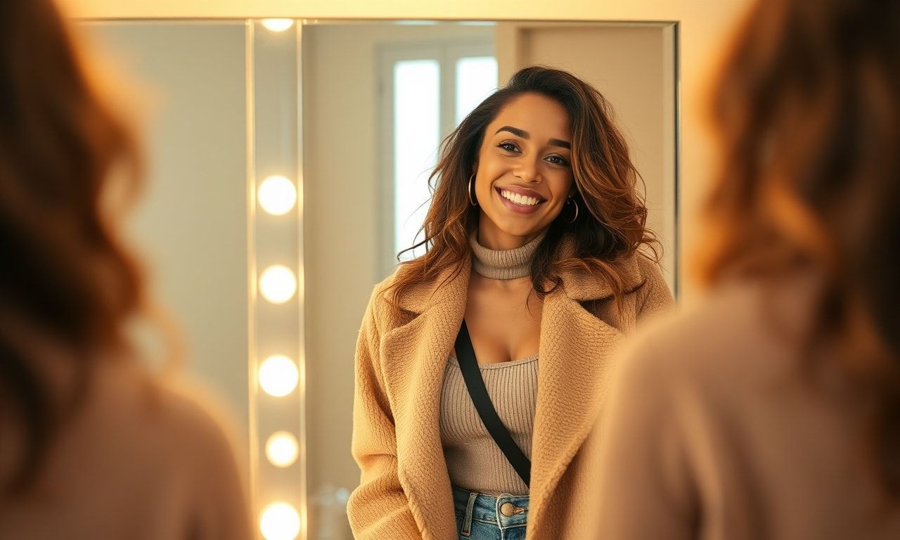 鏡の前で自分らしく笑う高身長女子