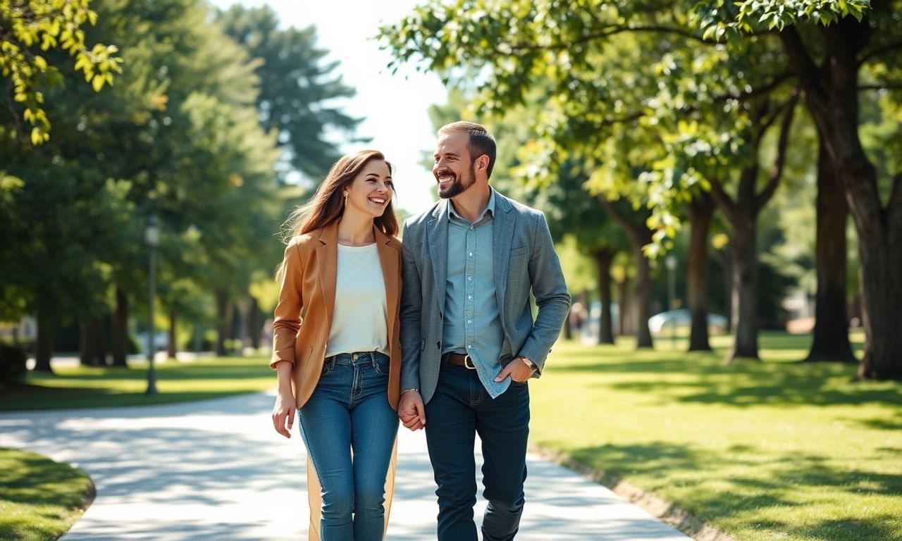 高身長の女性と寄り添って歩くパートナーの幸せな風景