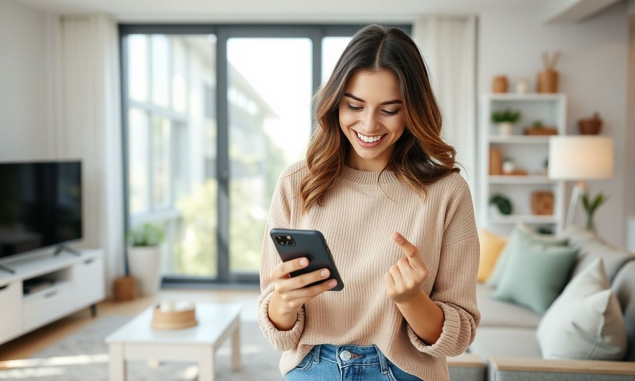 スマートフォンを見ながら微笑む女性