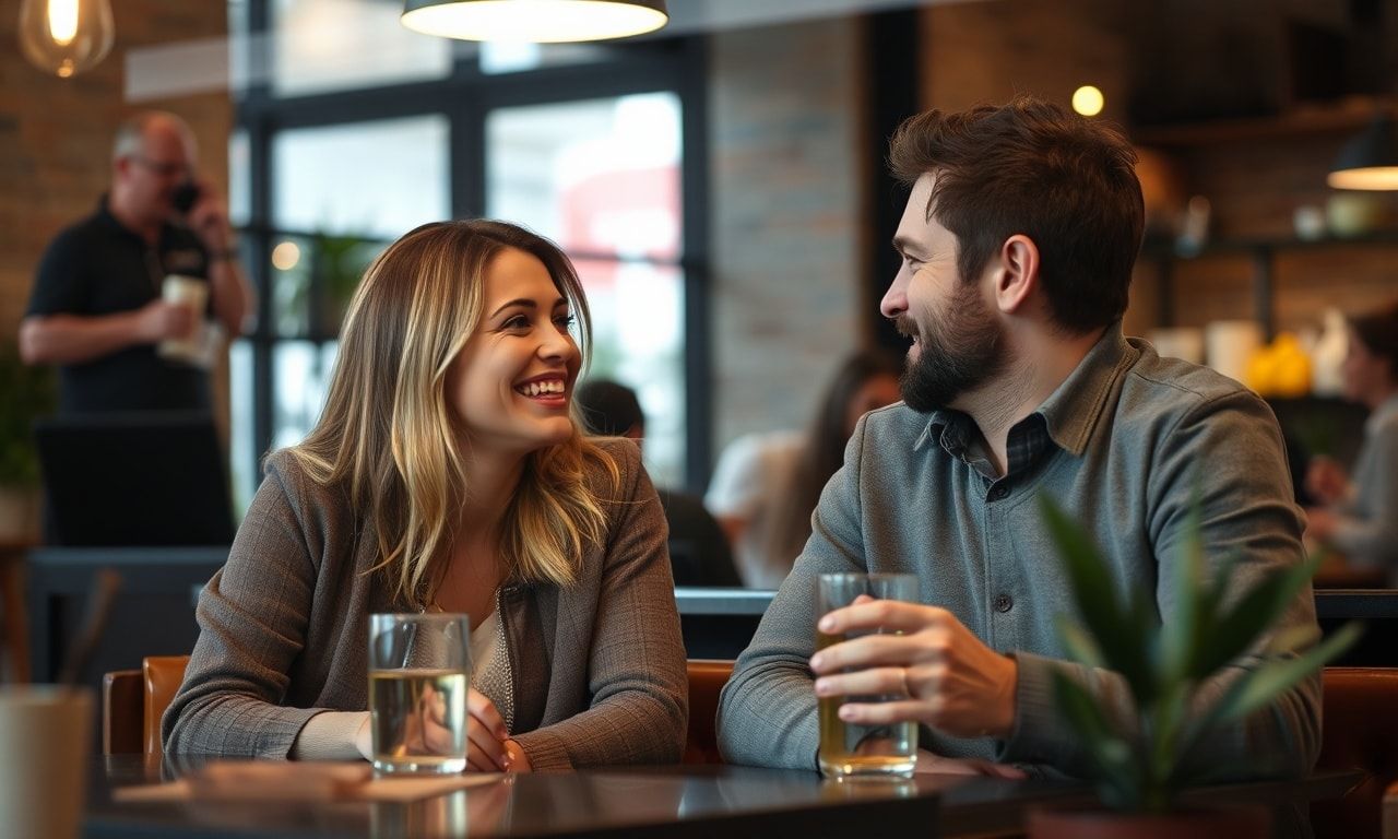 カフェで楽しく会話するカップル