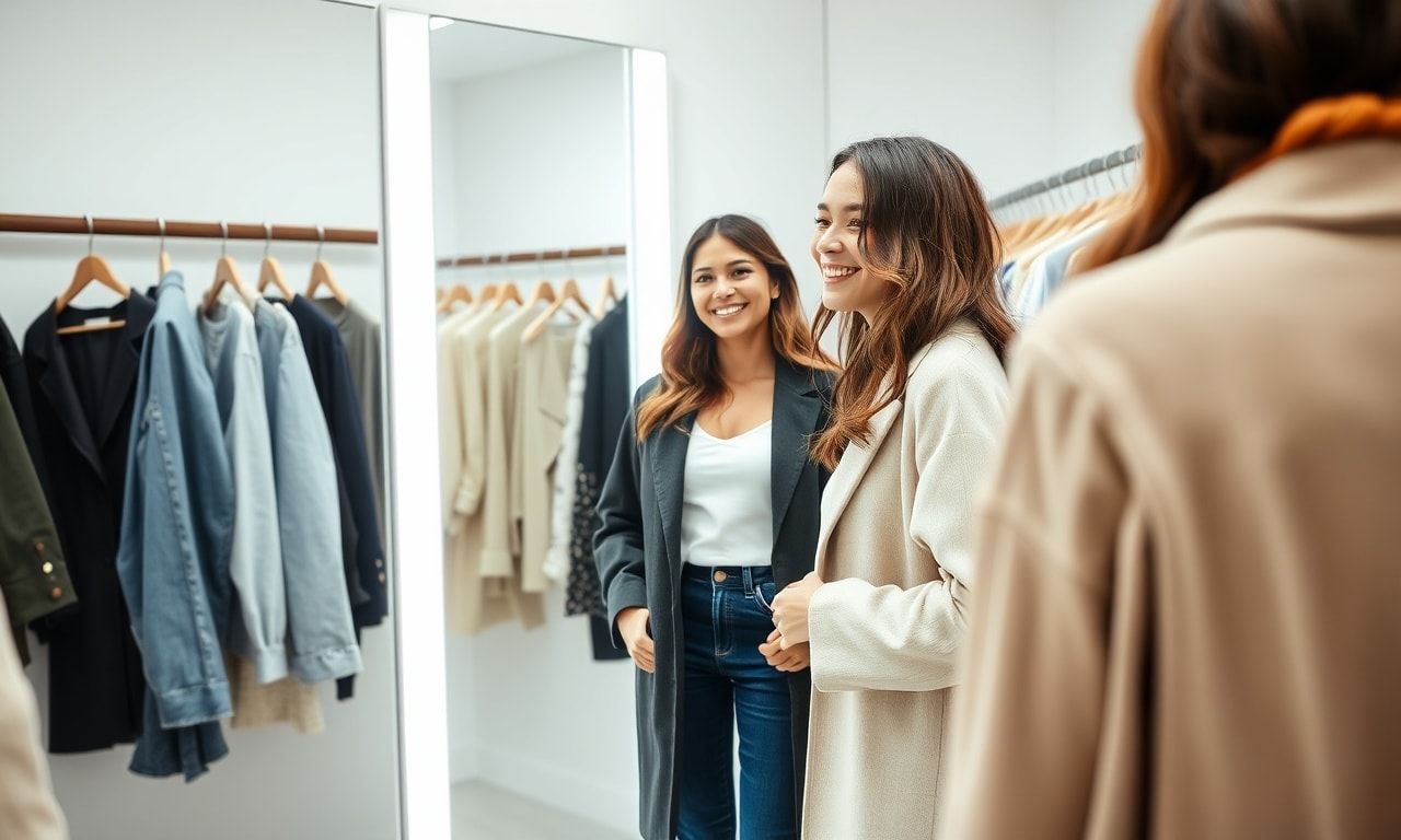 試着室で自分のスタイルを確認する女性