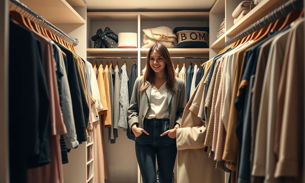 おしゃれなクローゼットで服を選ぶ様子