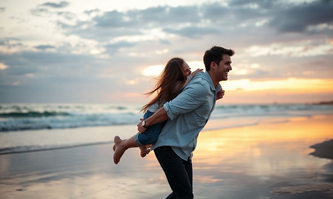 夕日の海岸でおんぶを楽しむカップル