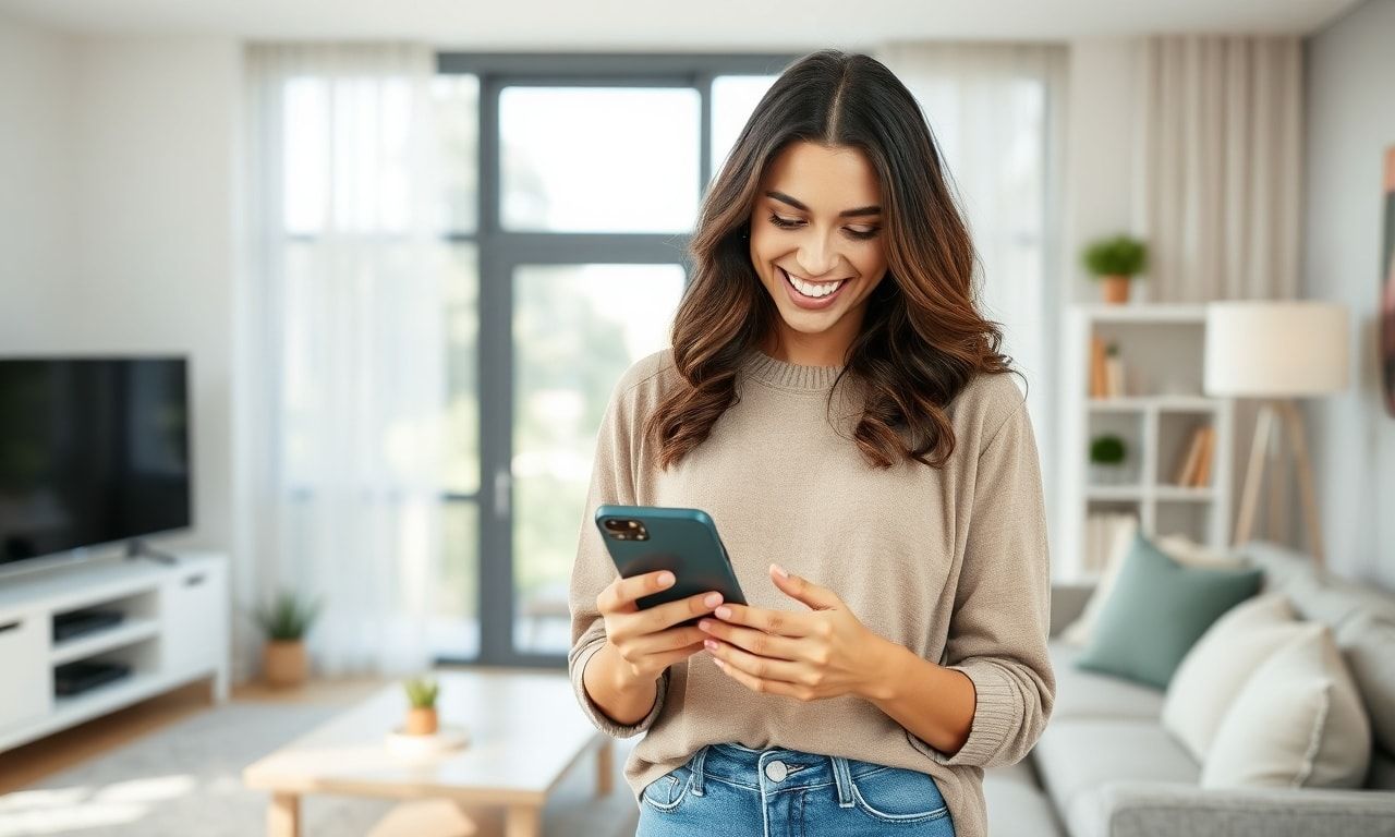 自信に満ちた表情でスマホを見る高身長女性