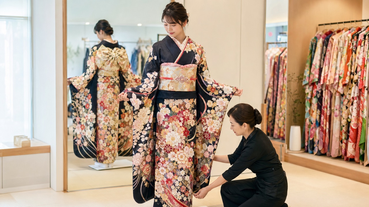 高身長女子が振袖の袖丈と裾を試着で確認している様子