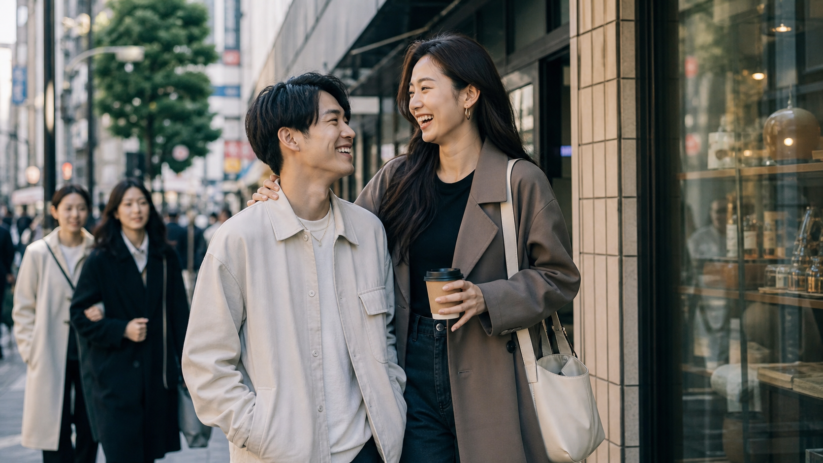高身長女子と年下彼氏が街中デートで周囲の目を気にせず笑う様子