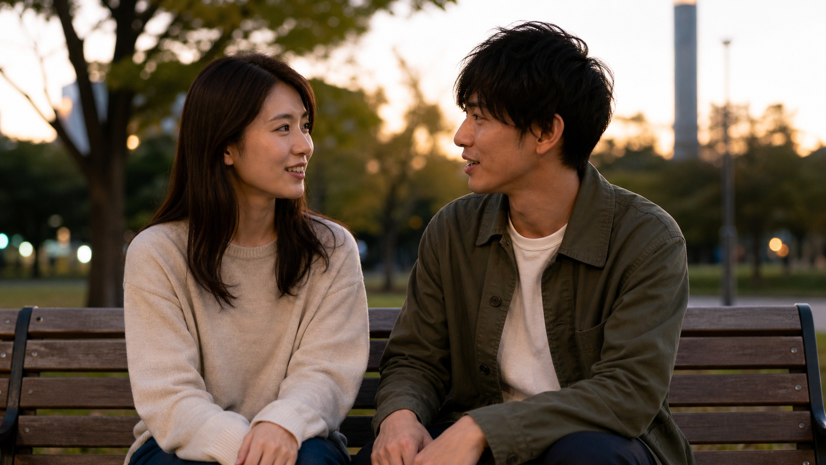 高身長女子と年下彼氏がベンチで不安を話し合う様子