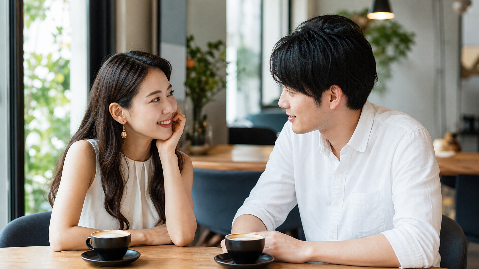高身長女子と年下彼氏がカフェで出会いと告白について話す様子