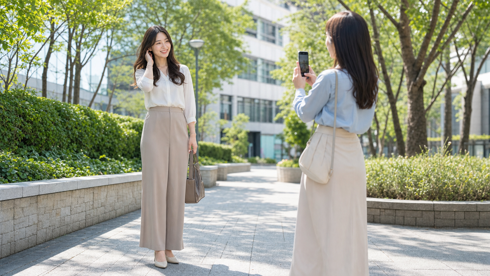 高身長女子がプロフィール写真を友人に撮ってもらうイメージ