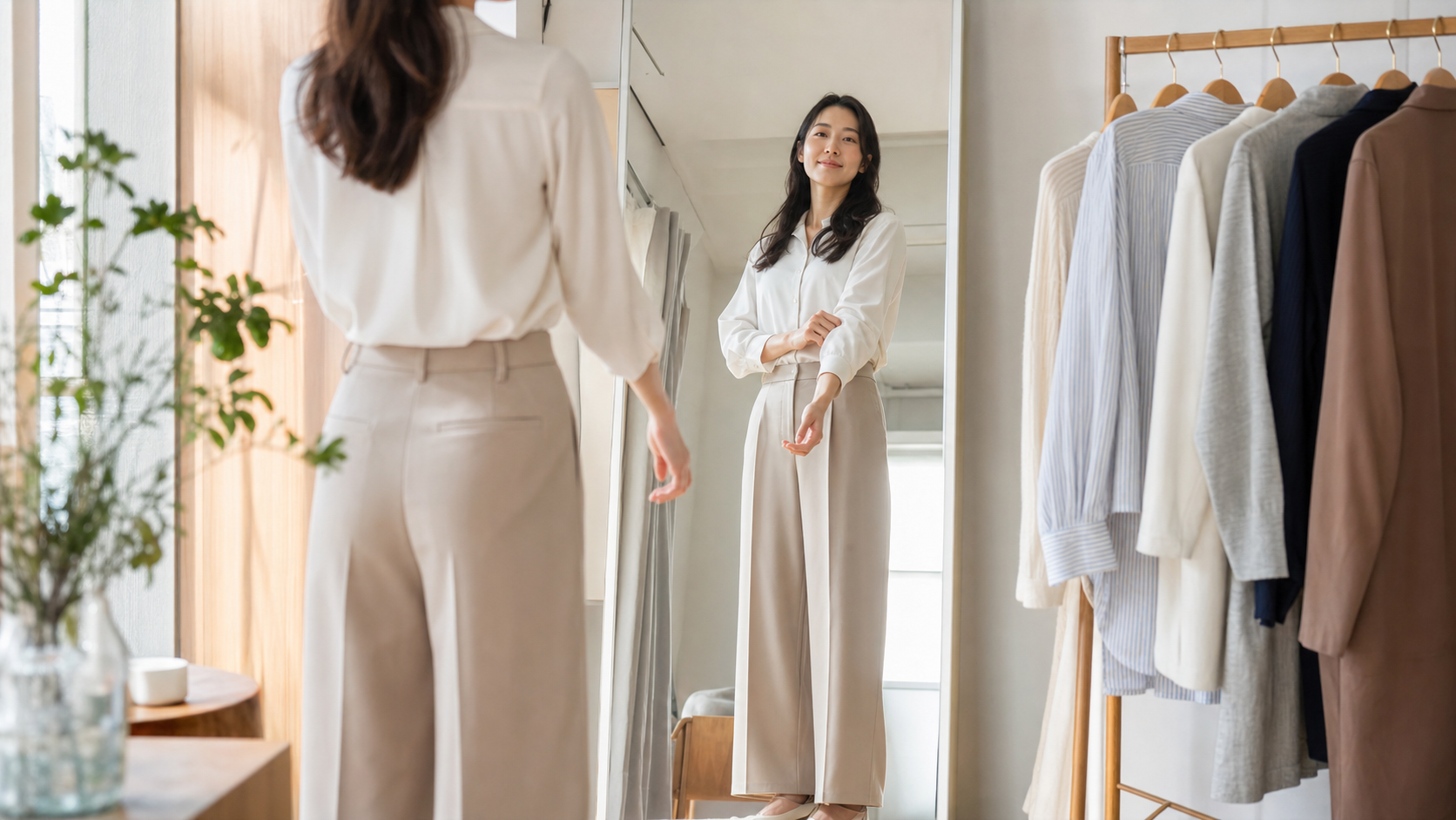 高身長女子が服のシルエットでダイエットの変化を確認する様子