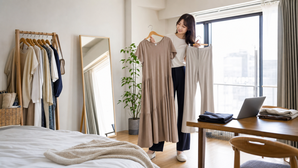 高身長女子が丈長めの服を選ぶ様子