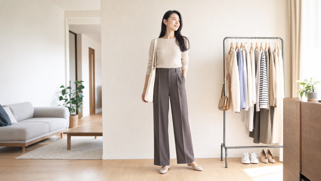高身長女子がプチプラ服を上品に着こなすイメージ