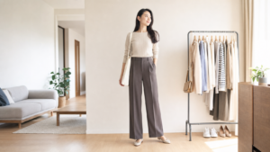 高身長女子がプチプラ服を上品に着こなすイメージ