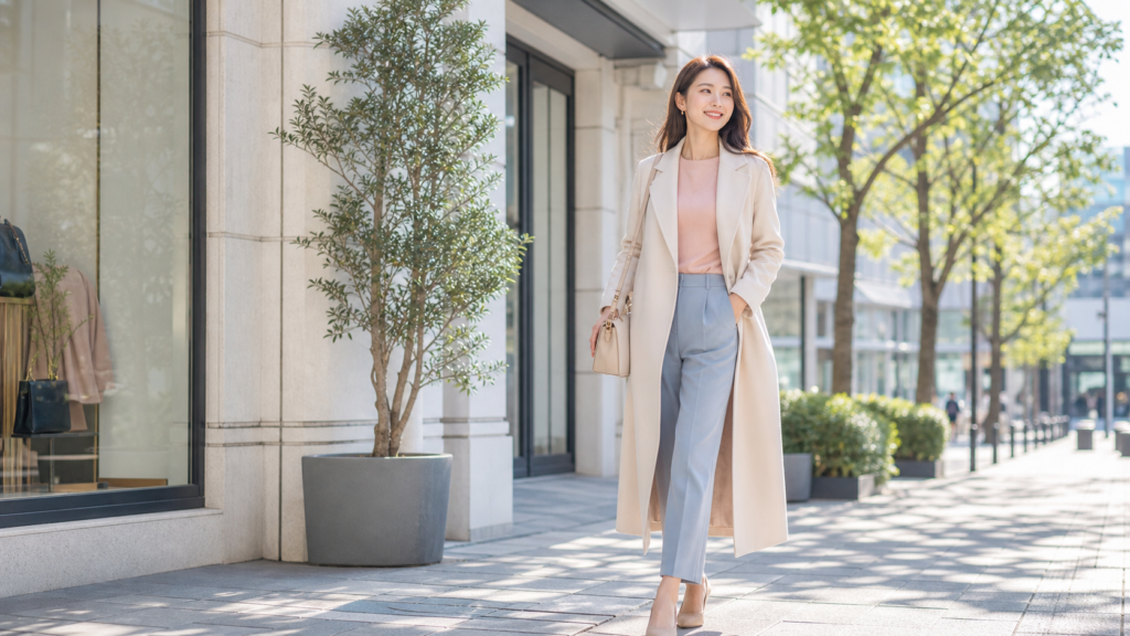 高身長女子170cmが自分らしい服装で街を歩くイメージ