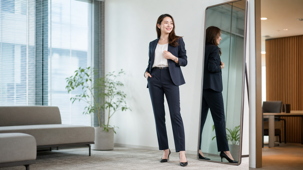 高身長女子がネイビースーツを着て全身鏡で丈感を確認する様子