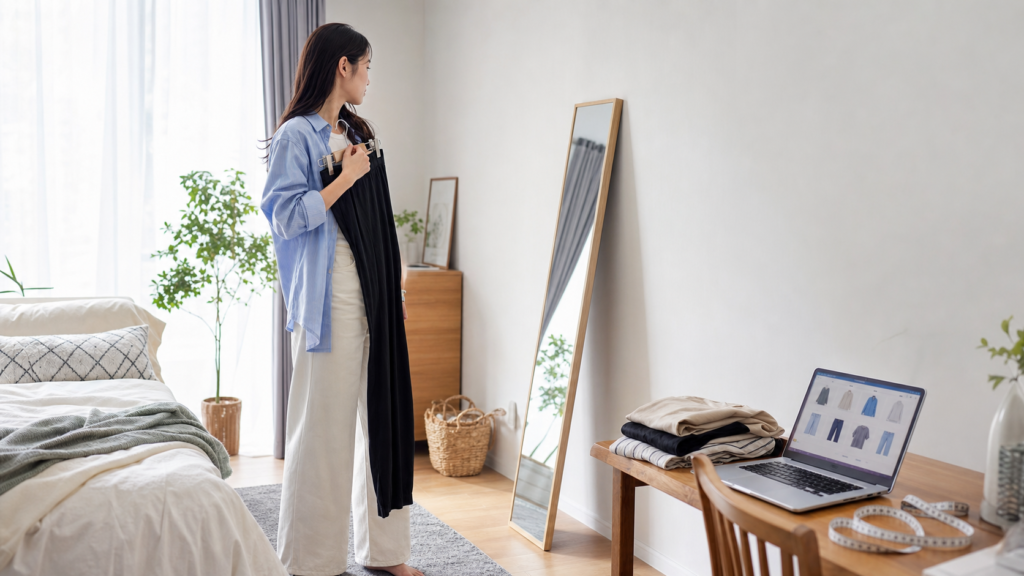 高身長女子が通販と鏡を見ながら初めての服選びを計画する様子
