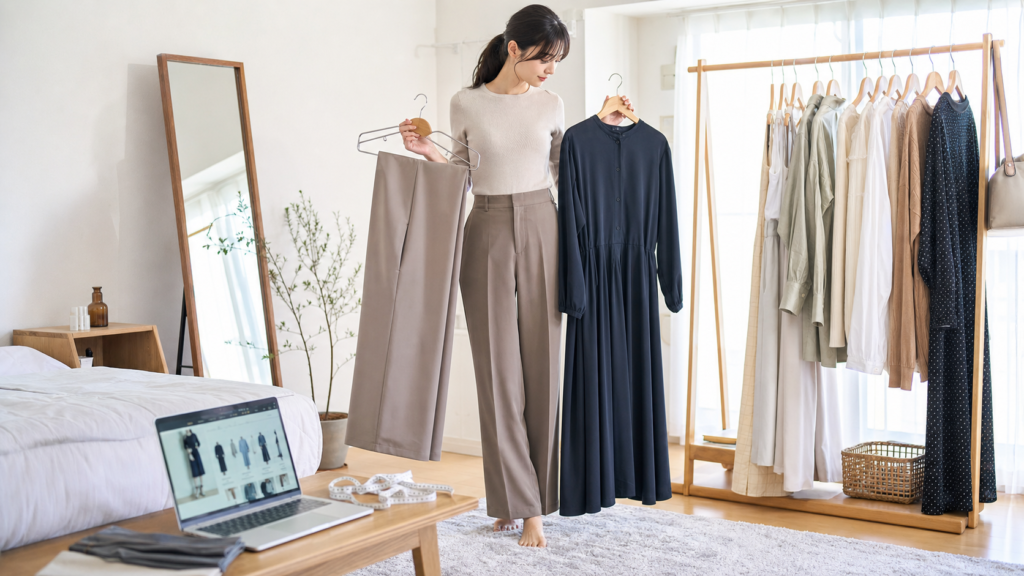 高身長女子が通販と手持ち服を見比べながら服を買う順番を整理する様子