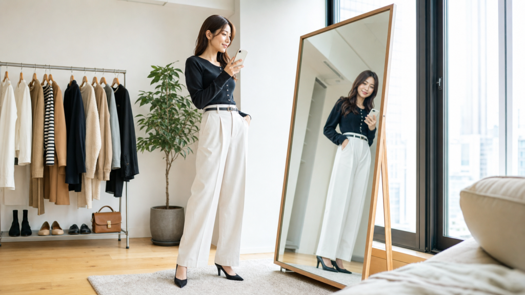高身長女子がインスタの全身コーデを確認する様子