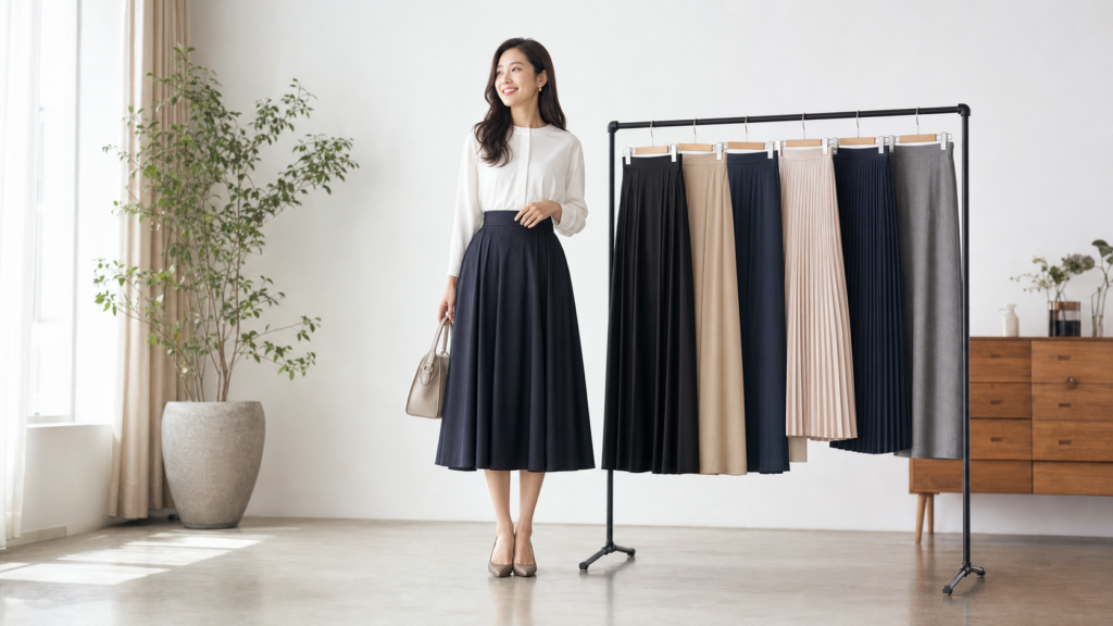 高身長女子が複数のスカートを比較しながらコーデを選ぶ様子