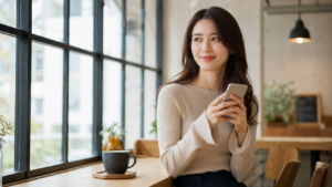 高身長女子がカフェでスマホを見ながら恋愛を前向きに考えるイメージ
