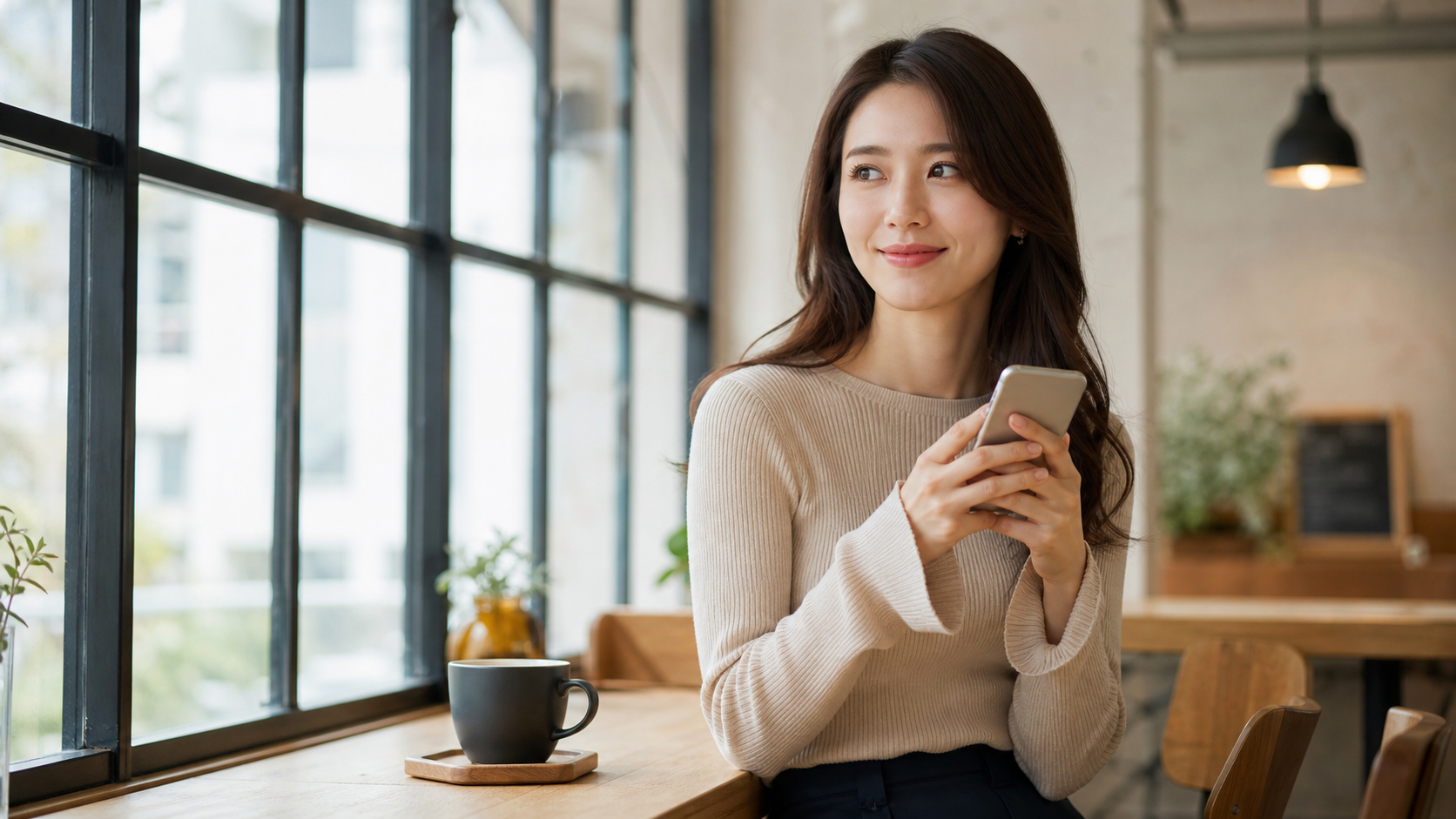 高身長女子がカフェでスマホを見ながら恋愛を前向きに考えるイメージ