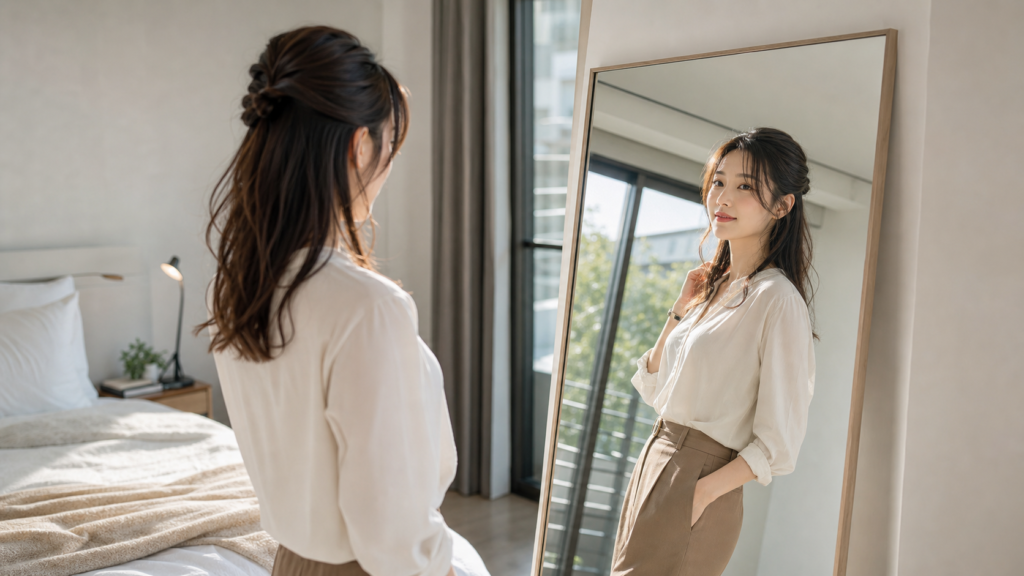 高身長女子が鏡でヘアアレンジと全身バランスを確認するイメージ