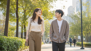 高身長女子と年下彼氏が公園を歩く自然なデート風景