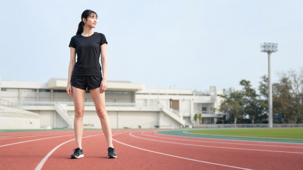 高身長女子が陸上トラックで前向きに立つアイキャッチ