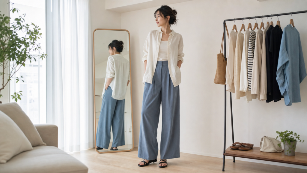 GUの高身長コーデを鏡で確認する女性