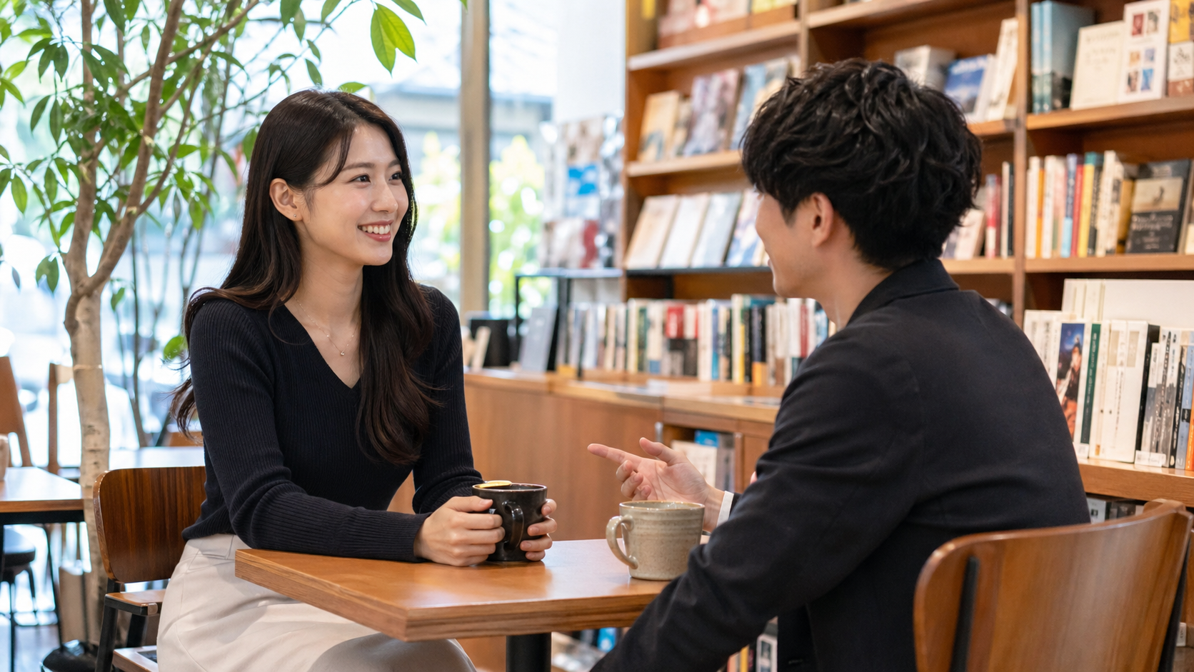 高身長女子とカフェで自然に会話しながら距離を縮める様子