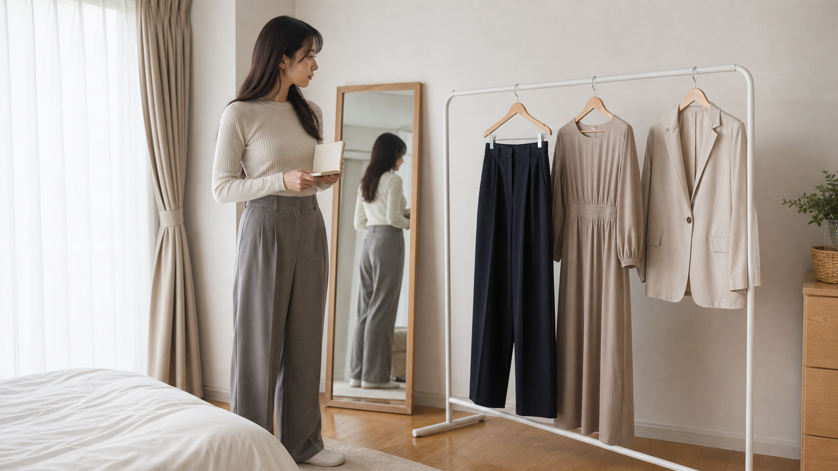 高身長女子がパンツ・ワンピース・ジャケットを並べて最初に買う服を決める様子