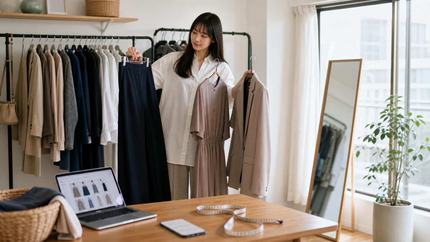 高身長女子がパンツ・ワンピース・ジャケットを見比べて買う目的を整理する様子