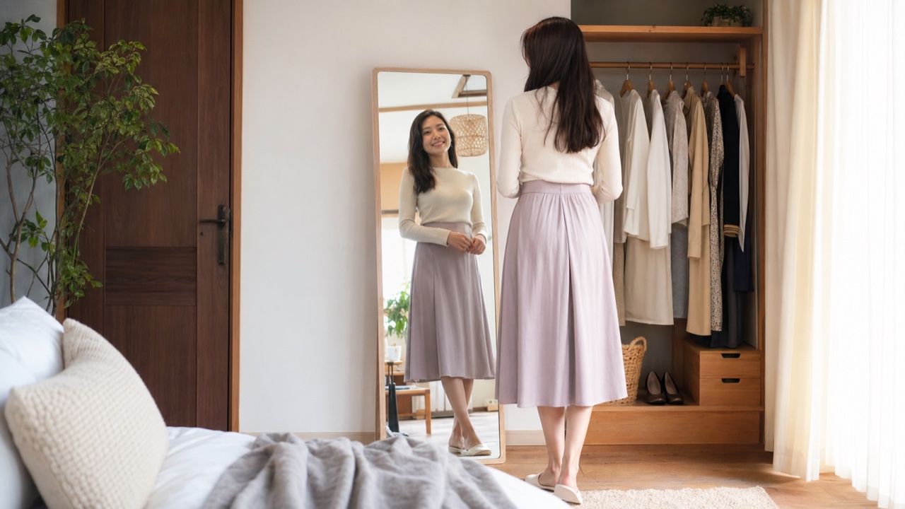 高身長女子がコンプレックスを自信に変えるために鏡の前で服を選ぶ女性