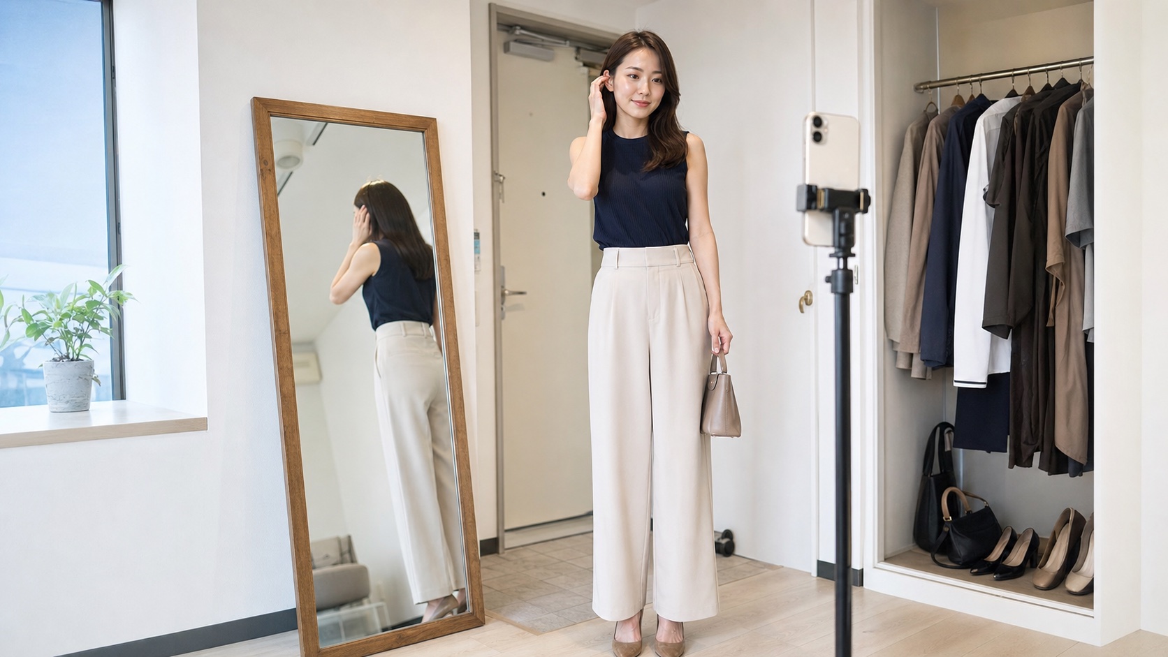 高身長女子がプロフィール写真の服装と全身写真を整えるイメージ